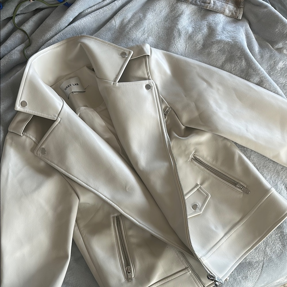 Cream Faux Leather Moto Jacket by Grey Lab